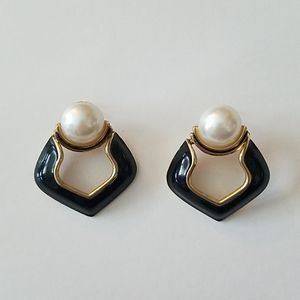 Gold and Black with Faux Pearl Earrings